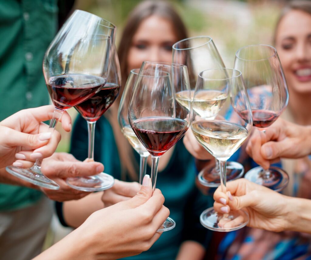 Friends toasting with glasses of red and white wine