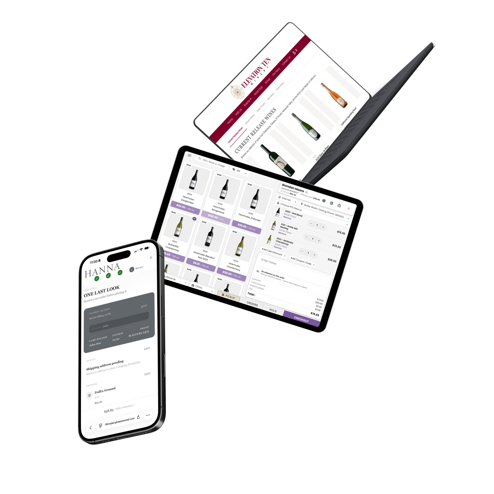 Bottle360 winery software on laptop, tablet POS, and phone checkout