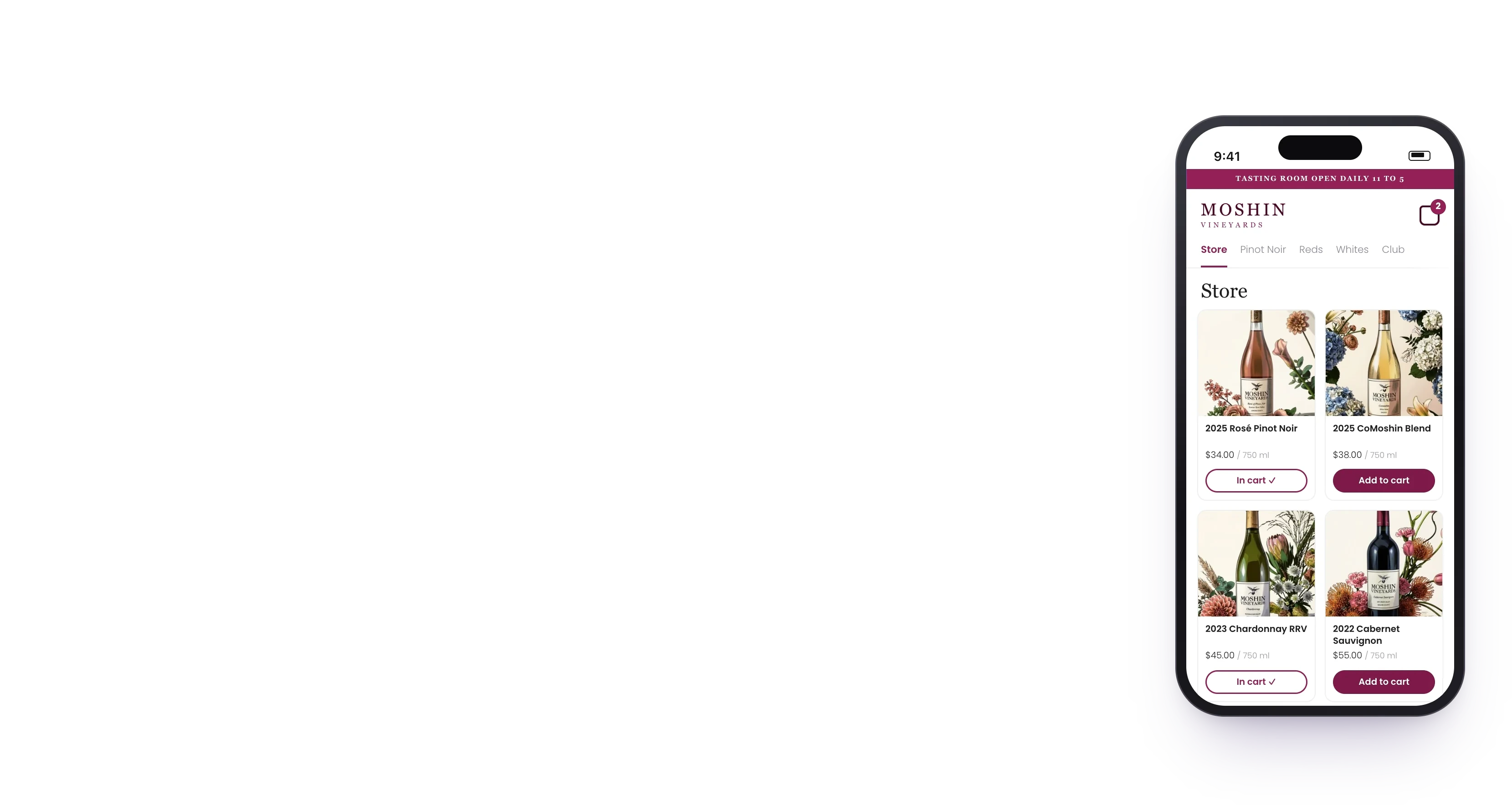 The winery's own online store on iPhone