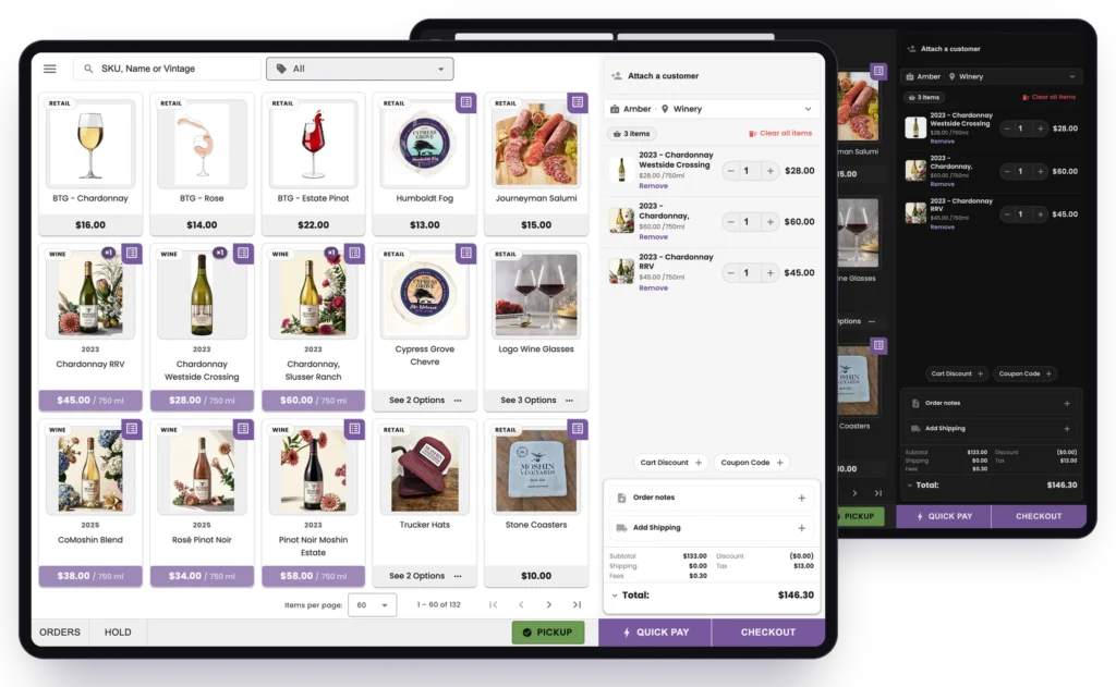 Bottle360 point of sale on iPad in light mode, with the dark mode register behind it