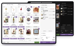 Bottle360 point of sale on iPad in light mode, with the dark mode register behind it