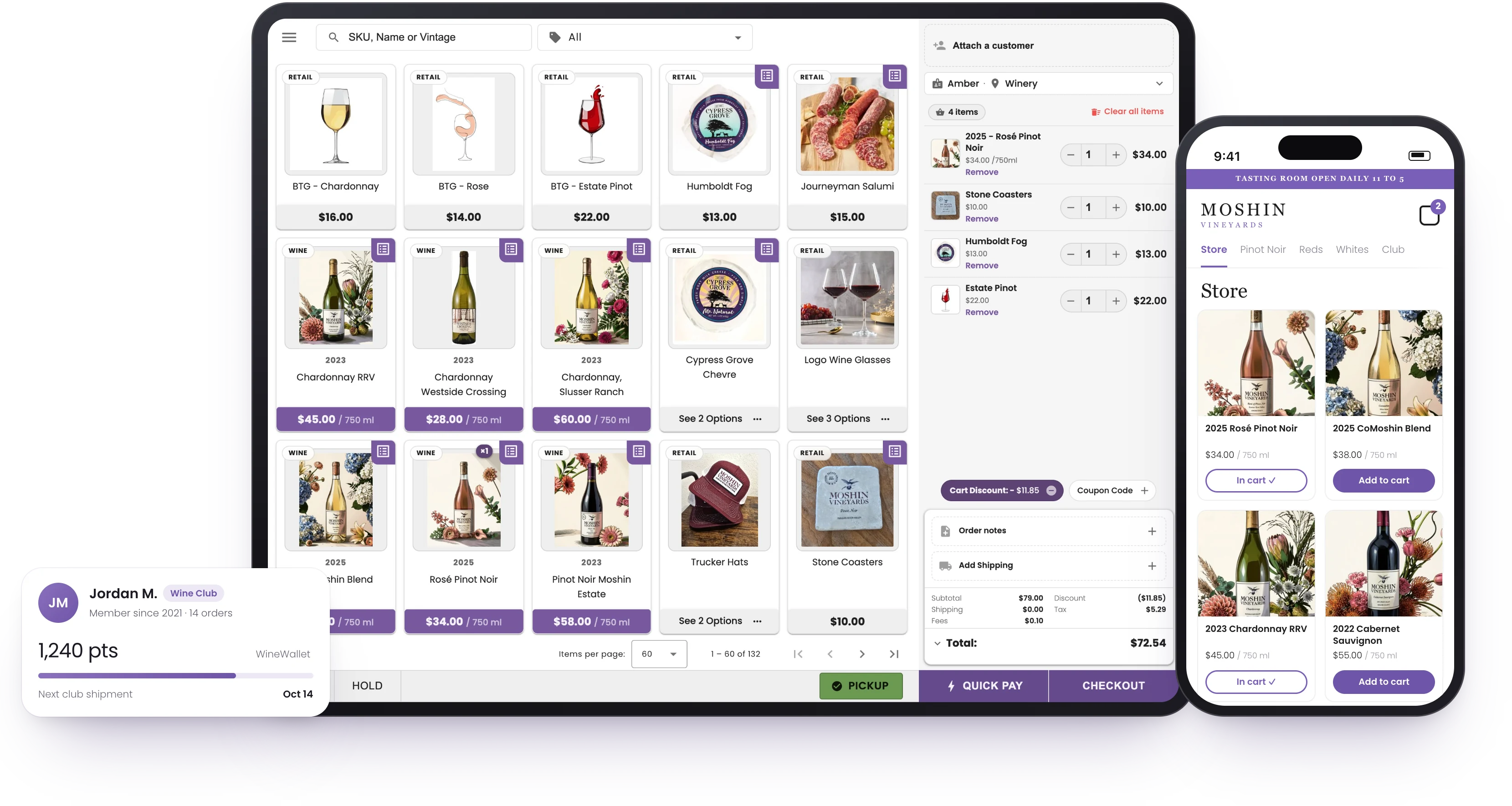 Bottle360 on every surface: iPad point of sale, the winery online store on iPhone, and a wine club member card